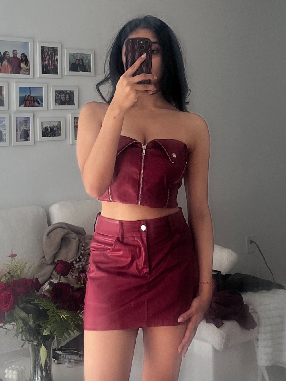 Women Red Leather Skirt & Strapless Top Set